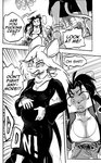 anthro breasts canid canine clothed clothing comic daigaijin debbie_(furryfight_chronicles) dialogue english_text female fox furryfight_chronicles group hi_res kalita_(furryfight_chronicles) mammal monochrome pregnant profanity scarf text