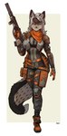 2024 absurd_res anthro armor assault_rifle bandanna boots braided_hair brown_body brown_fur bullpup clothing eyebrows felid feline female footwear forward_grip fur gloves green_eyes grey_hair gun hair handwear hi_res inner_ear_fluff kerchief knee_pads looking_at_viewer mammal orange_bandanna orange_kerchief pgm300 pouches ranged_weapon rifle shoes shoulder_guards silencer solo trigger_discipline tuft weapon