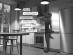 2021 4:3 absurd_res anthro appliance barefoot breasts canid canine canis chair chloe_(zaush) clothed clothing domestic_dog dress english_text feet female fridge furniture hi_res inside kitchen kitchen_appliance lamp mammal monochrome nipple_outline nipples oven solo table text translucent translucent_clothing translucent_dress window zaush