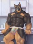 2020 5_fingers abs adios anthro beauceron biceps big_muscles black_body black_claws black_fur black_nose brown_body brown_fur bulge canid canine canis claws clothed clothing domestic_dog fingers fur herding_dog hi_res looking_at_viewer male mammal multicolored_body multicolored_fur muscular muscular_anthro muscular_male navel nipples pastoral_dog pecs pink_nipples quads red_eyes solo topless two_tone_body two_tone_fur underwear underwear_only