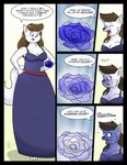 anthro arctic_fox belt black_border blue_clothing blue_dress blueberry_inflation border breasts canid canine celeste_(someguy7733) chocend cleavage clothed clothing color_change comic corsage dialogue dress english_text female flower fox hi_res mammal plant red_belt rumbling_stomach solo sound_effects speech_bubble text true_fox watermark