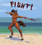 anthro armor beach breasts clothing detailed_background equid equine female fighting_pose hair horse knife mammal melee_weapon nipples outside panties parody polearm ponytail pose sand sea seaside siyah sky solo text underwear water weapon