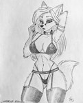 absurd_res anthro bikini blonde_hair canid canine champagne_(jeremy_bernal) clothing dancing female fox fur g-string garter_belt garter_straps hair hi_res legwear lingerie long_hair looking_at_viewer mammal omgawd sketch solo stockings swimwear true_fox two-piece_swimsuit underwear