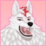 absurd_res anthro canid canine digital_media_(artwork) fur headshot_portrait hi_res looking_at_viewer male mammal open_mouth portrait red_eyes sarkvy scar simple_background solo tongue were werecanid werecanine white_body white_fur