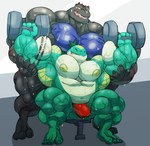 2021 alligator alligatorid anthro barazoku biceps big_muscles black_body black_scales bodily_fluids bulge clothing crocodilian dinosaur dumbbell duo exercise gradient_background green_body green_scales grey_background hair hi_res huge_muscles hybrid hyper hyper_muscles kai_(qaz) male male/male muscular muscular_anthro muscular_male nipples obliques pecs ponytail prehistoric_species qaz quads reptile scales scalie simple_background sitting spotting standing sweat tattoo terrybear23 thong turtle underwear weightlifting weights white_background workout