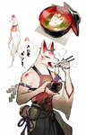 anthro asian_mythology athletic athletic_anthro athletic_male bell bib biped black_nails canid canine colored_nails east_asian_mythology eating fox fur ghost_k1n hi_res japanese_fox japanese_mythology male mammal mythology nails red_inner_ear solo standing udon white_body white_fur