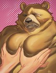 2024 absurd_res anthro bear ben_bigger brown_body brown_fur chanviver clothed clothing disembodied_hand duo eye_scar facial_scar fur glistening glistening_eyes halftone halftone_background hi_res male mammal mihoyo moob_grab moob_grope moob_squish moobs pattern_background scar simple_background solo_focus topless zenless_zone_zero