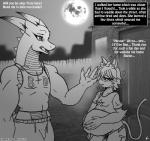 2016 anthro belly big_belly blush breasts clothed clothing comic dragon english_text felid female if_hell_had_a_taste male mammal marci_hetson monochrome mythological_creature mythological_scalie mythology outside scalie simple_background skylar_fidchell slightly_chubby tail text viroveteruscy