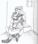 2012 anthro chakona_space domestic_ferret duo elevator eyes_closed female fur hair hand_holding heather_bruton heywood_baxter human human_on_anthro interspecies male male/female mammal menalippe monochrome mustelid musteline sitting tail true_musteline weasel whiskers