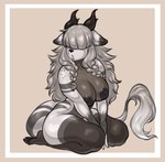 anthro antlers areola ashley_(vinthebat) big_breasts black_areola black_nipples border braided_hair breast_squish breasts brown_border butt curvy_figure deer ear_tuft female fluffy fluffy_tail front_view fur grey_hair hair hair_over_eyes hands_between_legs hi_res hooves horn huge_breasts hybrid kneeling long_hair looking_at_viewer mammal mountain_deer_dragon nipples nude pompoyo pouting sitting_on_legs slightly_chubby snout solo squish striped_body striped_fur stripes tail tuft white_body wide_hips