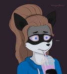 anthro beverage clothing container cup drinking drinking_straw electronics ellipsis fan_character female grimace_shake hi_res hoodie mammal mcdonald's melody_(raccoon) meme phone procyonid raccoon selfie solo stoopedhooy topwear worried