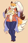 2023 4_tails 5_fingers abs absurd_res akane_(candescence) anthro big_breasts blue_clothing blue_legwear blue_thigh_highs breasts brown_background brown_body brown_fur brown_hair canid canine clothed clothing collar colored_nails digitigrade dipstick_ears dipstick_tail ear_markings feet female fingers fox fur gold_(metal) gold_armlet gold_collar hair heart_(marking) heart_on_body heart_symbol heterochromia hi_res jamoart legwear long_hair looking_at_viewer mammal markings metal_collar multi_tail multicolored_body multicolored_ears multicolored_fur multicolored_hair nails orange_body orange_fur orange_hair orange_nails orange_toenails pink_eyes simple_background skimpy solo standing tail tail_markings tan_hair thick_thighs thigh_highs thong toeless_thigh_highs toenails toes two_tone_body two_tone_fur under_boob underwear wide_hips yellow_clothing yellow_eyes yellow_thong yellow_underwear