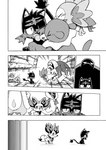 ambiguous_gender angry avian blush bodily_fluids canid comic fangs felid fennekin feral generation_6_pokemon generation_7_pokemon group hut lir_(icma) litten makotoo male mammal monochrome nazuna_(icma) nintendo open_mouth oranguru outside plant pmd:_icma pokemon pokemon_(species) pokemon_mystery_dungeon popplio right_to_left rowlet scarf spike_chunsoft tears teeth tongue tree twizel_(icma) yelling