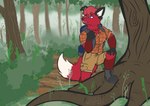 anthro backpack backpacking black_body black_ears black_fur black_nose black_paws boots bottomwear breasts brown_bottomwear brown_clothing brown_shorts canid canine cargo_shorts clothed clothing colored detailed_background digital_drawing_(artwork) digital_media_(artwork) flannel flannel_shirt floppy_ears fluffy fluffy_tail footwear forest forest_background fox fur grey_boots grey_clothing grey_footwear hair hi_res hiking hiking_boots inner_ear_fluff jesam_(jesam) mammal multicolored_body multicolored_fur nature nature_background nonbinary_(lore) outside plant purple_eyes red_body red_fox red_fur red_hair shirt shoes shorts smile solo tail teeth topwear trans_(lore) trans_woman_(lore) tree true_fox tuft white_body white_fur white_inner_ear_fluff yiffbattle