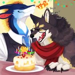 2024 anthro athletic birthday birthday_cake butler cake candle canid canine canis dessert dragon favonius fire food hair hi_res lotus_candle male male/male mammal mane mane_hair mythological_creature mythological_scalie mythology rain_dragon scalie skeb teryx teryx_commodore urotori wolf zephyxus