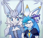 2024 accessory anthro blue_eyes breasts clothing coffeefly dress duo eeveelution eyes_closed feathers female fur generation_4_pokemon glaceon hair hair_accessory hi_res nintendo pokemon pokemon_(species) shaded smile white_body white_fur