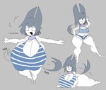 2023 4_fingers 4four44 anthro barefoot big_breasts big_butt blue_clothing blue_cutoffs blue_panties blue_topwear blue_underwear blush bottomwear breasts butt canid canine canis clothed clothing crotch_tuft cute_fangs cutoffs daisy_dukes denim denim_bottomwear denim_clothing digital_media_(artwork) english_text eyebrow_through_hair eyebrows feet female fingers floating_head fur grey_background grey_hair grey_tail hair hotpants huge_breasts hyper hyper_breasts jackal lying mammal navel on_front one_eye_closed open_bottomwear open_clothing open_mouth open_shorts panties pattern_bottomwear pattern_clothing pattern_panties pattern_topwear pattern_underwear shorts simple_(4four44) simple_background solo spread_arms standing striped_bottomwear striped_clothing striped_panties striped_topwear striped_underwear stripes tail tail_motion tailwag text thick_thighs topwear translucent translucent_hair tuft underwear white_body white_fur wide_hips