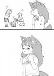 anthro canid canine canis clothing comic digital_media_(artwork) domestic_dog eyes_closed female feral fox fur_(theterm) group headpat human kemono kneeling looking_at_another male mammal monochrome on_one_knee school_uniform tail tail_motion tailwag theterm uniform young young_anthro young_female young_human young_male