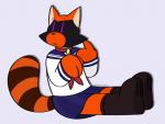 2017 3_fingers ambiguous_gender anthro asian_clothing biped black_nose brown_body brown_fur clothed clothing collar east_asian_clothing fingers footwear fully_clothed fur jailvian japanese_clothing japanese_school_uniform legwear looking_back mammal orange_body orange_fur procyonid purple_eyes raccoon school_uniform serafuku shirt side_view simple_background sitting socks solo stripes toony topwear uniform vertical_bar_eyes white_background zalgaloo