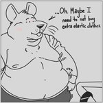 2024 anthro barnem belly big_belly blush border clothed clothing dialogue english_text grey_border hi_res male mammal moobs murid murine nipples open_clothing open_shirt open_topwear overweight overweight_male rat rodent shirt solo text topwear underwear