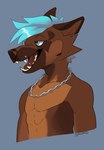 anthro bedroom_eyes blue_eyes blue_hair canid canine canis chain_necklace domestic_dog eyebrow_piercing facial_piercing hair jewelry lip_piercing male mammal micha_zehgers narrowed_eyes necklace piercing seductive solo sowod tongue tongue_piercing toothy_grin