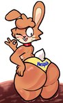 2024 anthro big_butt blush breasts brown_body butt candy chocolate chocolate_milk clothing collar crossgender dessert digital_drawing_(artwork) digital_media_(artwork) female flavored_milk food gesture hand_gesture hand_on_butt hi_res lagomorph leporid lewdewott liquid looking_back mammal mascot milk mtf_crossgender nesquik nesquik_bunny ok_sign one_eye_closed open_mouth panties pink_nose rabbit rear_view red_collar scut_tail short_tail simple_background solo standing tail thick_thighs underwear white_background wink yellow_clothing yellow_panties yellow_underwear