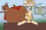 2024 anthro bat bench big_butt black_nose blonde_hair blurred_background blush bodily_fluids bottomwear breasts brown_body brown_fur butt canid canine cassidy_(englishweasel) chest_tuft claws clothed clothing dialogue digital_drawing_(artwork) digital_media_(artwork) duo embarrassed english_text eyes_closed female fox fur hair hi_res male mammal multicolored_body multicolored_fur neck_tuft nyanilla outside park park_bench rear_view red_clothing scut_tail shirt short_tail shorts sitting smile standing sweat tail tan_body tan_fur tank_top text thick_thighs tight_clothing topwear tuft wide_hips winged_arms wings