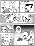 2019 3:4 6_panel_comic ambiguous_gender antennae_(anatomy) anterior_nasal_aperture bayani_(yapc) black_and_white black_eyes black_nose black_text bodily_fluids celebi celebi_(yapc) cheek_spots comic dialogue digital_media_(artwork) eevee ellipsis end_page english_text eyes_closed flavia-elric fluffy fluffy_tail food fur furniture generation_1_pokemon generation_2_pokemon group hand_behind_head inner_monologue leaf legendary_pokemon looking_at_another lux_(yapc) monochrome mouth_closed neck_tuft neil_(yapc) nintendo paws pichu pokemon pokemon_(species) pokemon_mystery_dungeon pupils question_mark shadow speech_bubble spike_chunsoft sweat sweatdrop table tail talking_to_another text text_box thinking tuft wartortle white_sclera wings wood wood_furniture wood_table