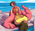 2022 artist_name big_breasts bikini breast_squish breasts brown_body clothing cloud day detailed_background digital_media_(artwork) english_text eyebrows eyelashes female generation_6_pokemon gourgeist hair hair_hand hair_over_eye hi_res huge_breasts humanoid latiar lips melanie_mortrose nintendo number obscured_eye open_mouth outside pokemon pokemon_(species) pokemorph sea shadow sky solo squish swimwear text thick_thighs tongue two-piece_swimsuit walkway water white_text yellow_eyes