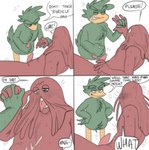 anthro avian beak begging bird blush bodily_fluids comic command cum cum_on_body dialogue don't_hug_me_i'm_scared drooling duck_guy_(dhmis) duo english_text eyebrows feathers genital_fluids genitals glistening_eyelids green_body green_feathers hair hand_holding hi_res humanoid lidded_eyes male male/male masturbation morgan_(dhmis) noseless nude penile penile_masturbation penis penis_eye precum red_body red_guy_(dhmis) red_hair saliva size_difference small_dom_big_sub smile speech_bubble sweat tail tail_feathers tapering_penis text tongue tongue_out unusual_anatomy unusual_eye_placement unusual_genitalia unusual_penis wakey_wakey_pilot werdopon