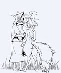 anthro blank_expression canid canine clothed clothing dropping_object duo fangs female fluffy fluffy_tail fox fraek grass hi_res horn humanoid magic_user male male/female mammal nude orc plant rear_view tail teeth true_fox viktorus vulpid