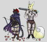 2024 3_fingers absurd_res anthro armband armor arrow_(weapon) bandai_namco belt belt_buckle black_belt black_body black_claws black_fur black_nose blue_cape blue_clothing blue_eyes bottomwear bow_(weapon) breastplate breasts brown_bottomwear brown_clothing brown_pants brown_shirt brown_topwear buckle cape claws closed_smile clothed clothed_anthro clothed_female clothing digimon digimon_(species) digit_ring digital_drawing_(artwork) digital_media_(artwork) dipstick_ears dipstick_tail duo ear_markings fan_character felid female female_anthro finger_ring fingers flockdog fungus fur greaves grey_background grey_sclera grey_stripes hair half-closed_eyes hand_on_hip handpaw hi_res holding_arrow holding_bow_(weapon) holding_melee_weapon holding_object holding_ranged_weapon holding_sword holding_weapon jewelry knife knife_sheath knight larger_anthro larger_female long_ears long_tail mammal markings melee_weapon mouth_closed multicolored_ears mushroom narrowed_eyes pantherine pants pauldron pawpads paws pink_nose pink_pawpads purple_armband ranged_weapon ranger red_hair renamon rolled_up_sleeves shirt simple_background size_difference smaller_anthro smaller_female smile smiling_at_another smiling_at_each_other standing striped_markings striped_tail stripes sword tail tail_markings tan_bottomwear tan_clothing tan_pants tiger toe_claws topwear torn_cape torn_clothing warrior weapon whisker_spots white_ear_tips white_tail_tip yellow_body yellow_fur yellow_tail