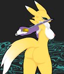 abstract_background bandai_namco breasts butt canid clothing digimon digimon_(species) female gloves handwear hi_res kasumin_(artist) looking_at_viewer looking_back mammal melee_weapon nipples purple_clothing purple_gloves purple_handwear renamon simple_background solo sword tail tuft weapon yellow_body