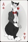 ace_of_spades animaniacs anthro balls belly big_penis black_body black_fur black_tie_(suit) bottomless bow_tie canid canine canis card card_template clothed clothing digital_media_(artwork) erection eyewear fur genitals hi_res holding_penis humanoid_genitalia humanoid_penis looking_at_viewer male mammal neenya penis playing_card playing_card_template simple_background slightly_chubby smile solo spades_(suit) suit suit_symbol topwear walter_wolf warner_brothers white_body white_fur wolf