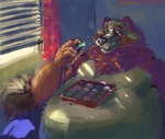 2022 abdominal_bulge anthro belly big_belly box canid canine claws container curtains food fur furniture light living_room male mammal mochi obese overweight pacific_coyote painting_(artwork) raccoon_dog shaded sofa solo tanuki window