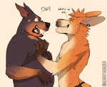 2024 alex_(borkthunder) anthro belly bodily_fluids borkthunder canid canine canis crying dante_(borkthunder) dialogue dobermann domestic_dog duo ear_piercing eyebrow_piercing facial_piercing hi_res kangaroo looking_at_another macropod male male/male mammal marsupial overweight overweight_anthro overweight_male pec_grab pecs piercing pinscher shirtless signature tears text