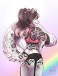 2019 anthro black_hair clothed clothing felid female fur green_eyes grey_body grey_fur grey_tail hair hi_res looking_at_viewer mammal markings multicolored_hair pink_clothing pink_hair pink_nose pink_topwear rear_view solo spots spotted_body spotted_fur standing tail tiggybloom topwear two_tone_hair white_body white_fur white_tail