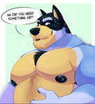 2024 anthro areola armpit_hair australian_cattle_dog bandit_heeler barazoku biceps big_muscles big_pecs blue_background bluey_(series) body_hair border canid canine canis cattledog chest_hair domestic_dog english_text eyebrows fur herding_dog looking_at_viewer male male_anthro mammal mature_anthro mature_male musclegut muscular muscular_anthro muscular_male nipples nude pastoral_dog pecs simple_background smile solo talking_to_viewer text thediyemi tuft white_border