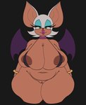 absurd_res anthro areola bat big_breasts bottomless breasts brown_areola censored censored_genitalia censored_pussy clothed clothing digital_media_(artwork) female genitals green_eyes hi_res looking_at_viewer mammal mosaic_censorship overweight overweight_anthro overweight_female pussy rouge_the_bat ryukinoodle sega solo sonic_the_hedgehog_(series) wings