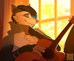 american_opossum anthro blue_hair ear_piercing ear_ring fleki fur guitar hair kalus male mammal marsupial musical_instrument nipples piercing plucked_string_instrument ring_piercing scar shirtless shirtless_anthro shirtless_male smile solo string_instrument virginia_opossum