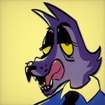 1:1 anthro bust_portrait canid canine canis clothing eye_bags eyelashes fur half-closed_eyes hi_res licking licking_lips looking_at_viewer male mammal narrowed_eyes necktie office_clothing portrait purple_body purple_fur solo suit tongue toony vv0ltz wolf yellow_eyes