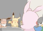 2019 beak bodily_fluids brown_body chatot eevee eyeless faceless_character generation_1_pokemon generation_4_pokemon get_it_go group holding_object neck_tuft nintendo pikachu pink_body pokemon pokemon_(species) red_cheeks sitting sweat sweatdrop tuft wigglytuff yellow_body