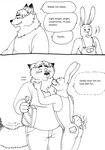 2023 anthro bernielover blush bottomwear canid canine clothing comic dialogue disney duo english_text fan_character fox gideon_grey hi_res lagomorph leporid male male/male mammal monochrome nate_hopps overalls overweight overweight_male pants rabbit red_fox scratching scratching_neck shirt tail tail_motion tailwag teasing text topwear true_fox zootopia