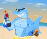 2024 anthro arm_cannon arm_tattoo beach bio_exo_arena_suit_team blue_body bottomwear clothing cloud detailed_background eyewear finn_(bio_exo_arena_suit_team) fish gills goggles hi_res jewelry male marine monodreams no_sclera outside pants pupils shark shark_tail shark_tooth_necklace sharp_teeth shirt signature slit_pupils smile smiling_at_viewer solo sunset swimming_trunks swimwear tattoo teeth topwear toy toy_gun yellow_bottomwear yellow_clothing yellow_pants