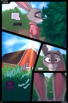 absurd_res anthro barn blue_text blush cheek_tuft clothing comic day detailed_background digital_media_(artwork) disney ears_down ears_up english_text eyebrows eyelashes eyes_closed facial_tuft female fur furbeyond green_text grey_body grey_fur heart_symbol hi_res judy_hopps lagomorph leporid light_body light_fur mammal moan open_mouth outside pink_clothing pink_ears pink_inner_ear pink_nose pink_shirt pink_topwear pivoted_ears plant purple_eyes purple_text rabbit raised_eyebrow red_text shaded shirt shrub sky solo speech_bubble text thought_bubble topwear tuft twitching_nose white_text wide_eyed zootopia