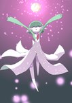 ambiguous_gender blush eyes_closed gardevoir generation_3_pokemon gradient_background green_body hi_res m3_(pixiv) moon moonblast nintendo not_furry pink_light pokemon pokemon_(species) raised_arms simple_background solo white_body