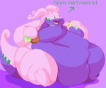 ambiguous_gender anthro belly big_belly big_butt bodily_fluids breasts butt digital_media_(artwork) dragon enkah feral generation_6_pokemon goodra hi_res huge_belly immobile morbidly_obese mythological_creature mythological_scalie mythology nintendo obese obese_anthro overweight overweight_anthro pixel_(artwork) pokemon pokemon_(species) scalie simple_background slime solo tail text wide_hips