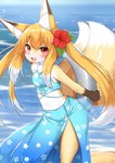 2024 2_tails anthro beach blush breasts canid canine clothed clothing cute_fangs digital_media_(artwork) dipstick_ears dipstick_tail ear_markings female female_anthro fox fur gloves_(marking) hair hi_res horokusa0519 inflatable inner_ear_fluff inner_tube kemono long_hair long_pigtails looking_at_viewer mammal markings multi_tail multicolored_ears navel nio_(horokusa) open_mouth pigtails portrait sea small_breasts solo tail tail_markings three-quarter_portrait tongue tuft twintails_(hairstyle) water