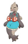 anthro big_breasts bottomwear breasts brown_body clothing dive_ball eyes_closed female fin generation_3_pokemon hi_res huge_breasts nintendo open_mouth overalls pokeball pokemon pokemon_(species) relicanth shirt simple_background skirt solo topwear urusee584 white_background