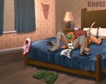 2022 5:4 69_position anthro anthro_on_anthro balls bedroom bottomless bottomwear butt canid canine clothed clothing duo felid feline felix_(knest) fellatio genitals green_hair greyson_(knest) hair knest lying male male/male mammal on_back oral penile pennant pillow sex shirt shirt_only shorts tail tail_motion tailwag topwear topwear_only